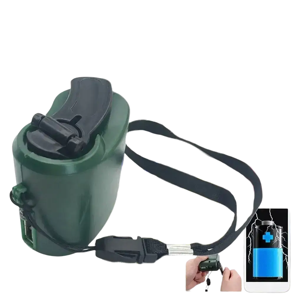 Green plastic emergency charger hand crank usb power bank with black strap and trigger for digital devices