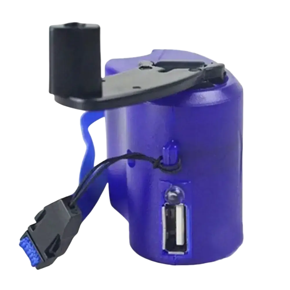 Purple cylindrical emergency charger hand crank usb power bank with black bracket for digital devices charging