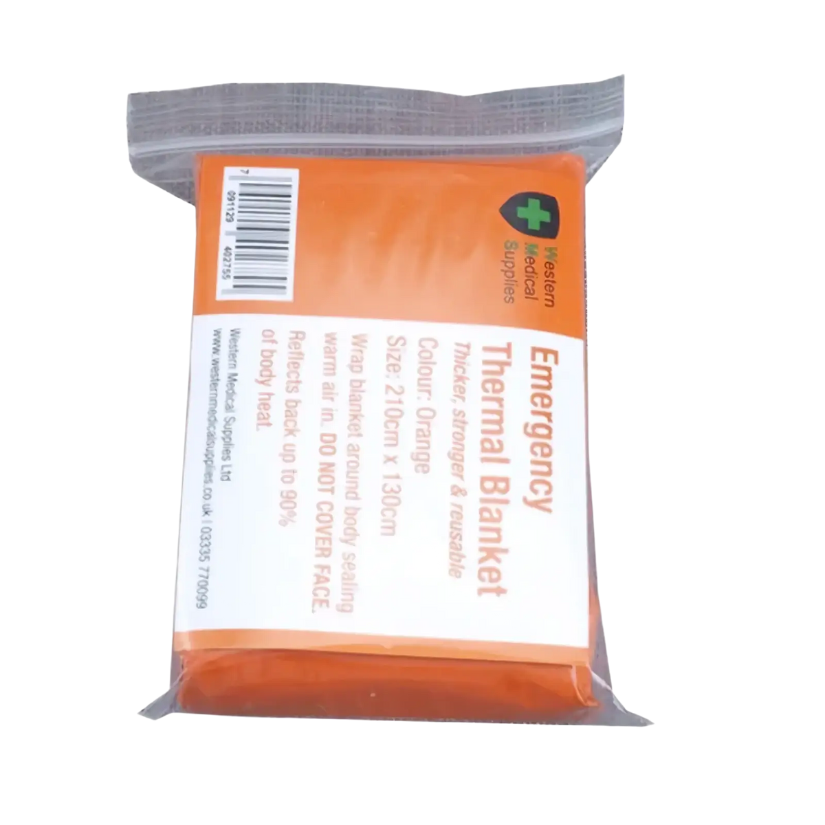 Orange thermal emergency blanket in clear plastic packaging with white labeling for survival gear use