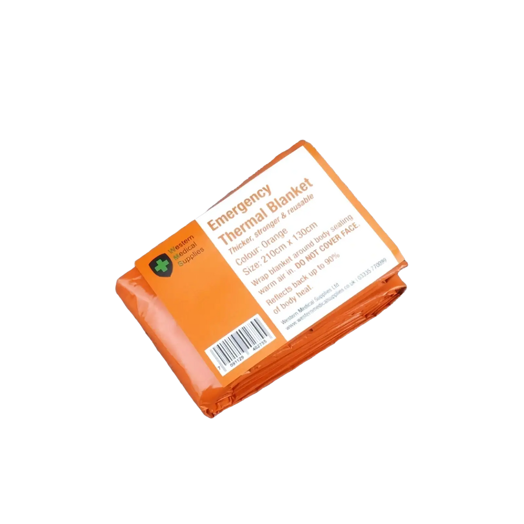 Orange emergency thermal blanket in a sealed compact pouch with printed details for survival gear use