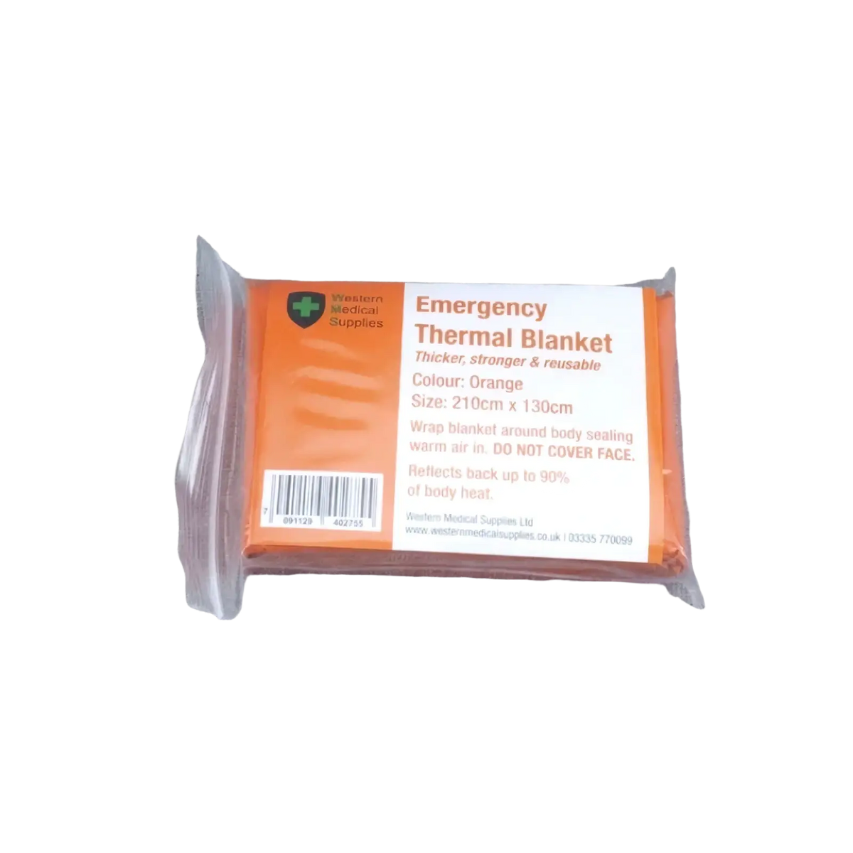 Emergency thermal blanket orange survival gear by Western medical supplies in clear plastic packaging