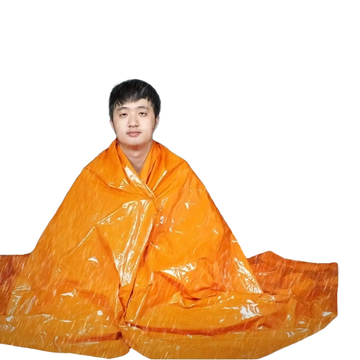 Bright orange emergency thermal blanket with shiny reflective surface for survival and heat retention