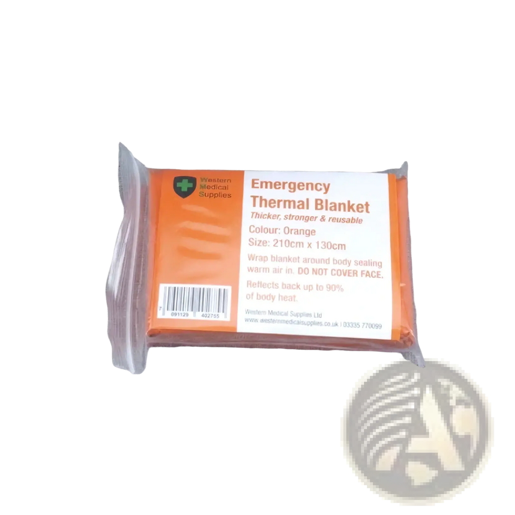 Emergency thermal blanket orange survival gear by Western medical supplies in clear plastic packaging