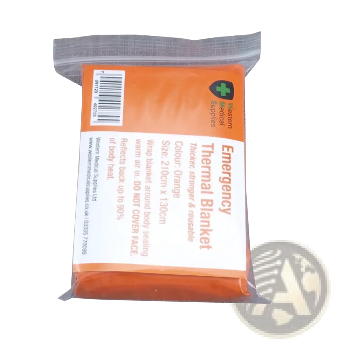Orange thermal emergency blanket in clear plastic packaging with white labeling for survival gear use