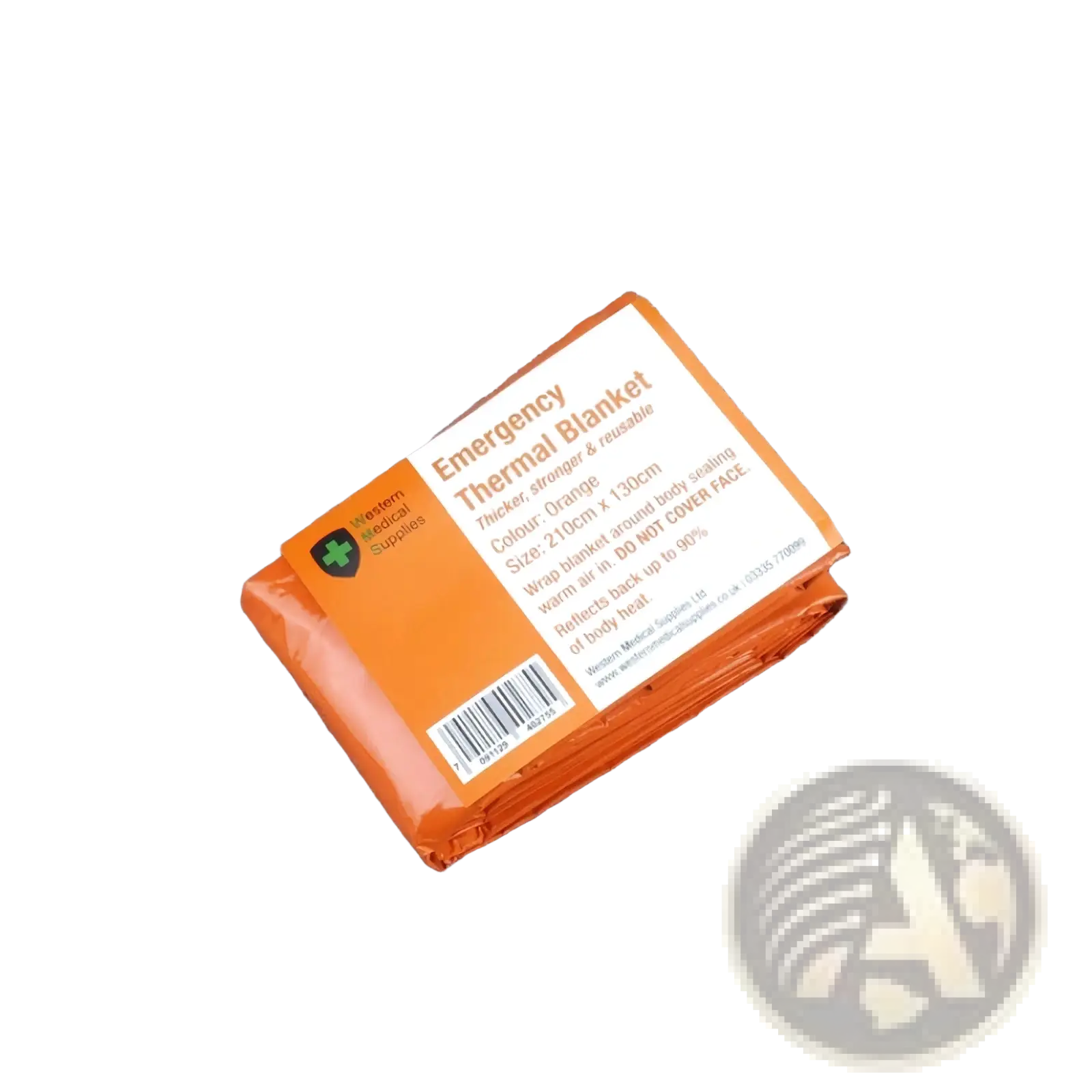 Orange emergency thermal blanket in a sealed compact pouch with printed details for survival gear use