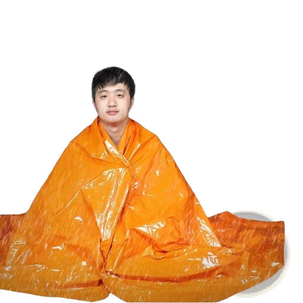 Bright orange emergency thermal blanket with shiny reflective surface for survival and heat retention