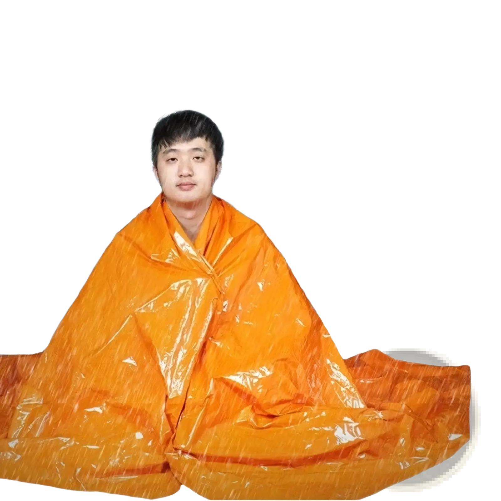 Bright orange emergency thermal blanket with shiny reflective surface for survival and heat retention