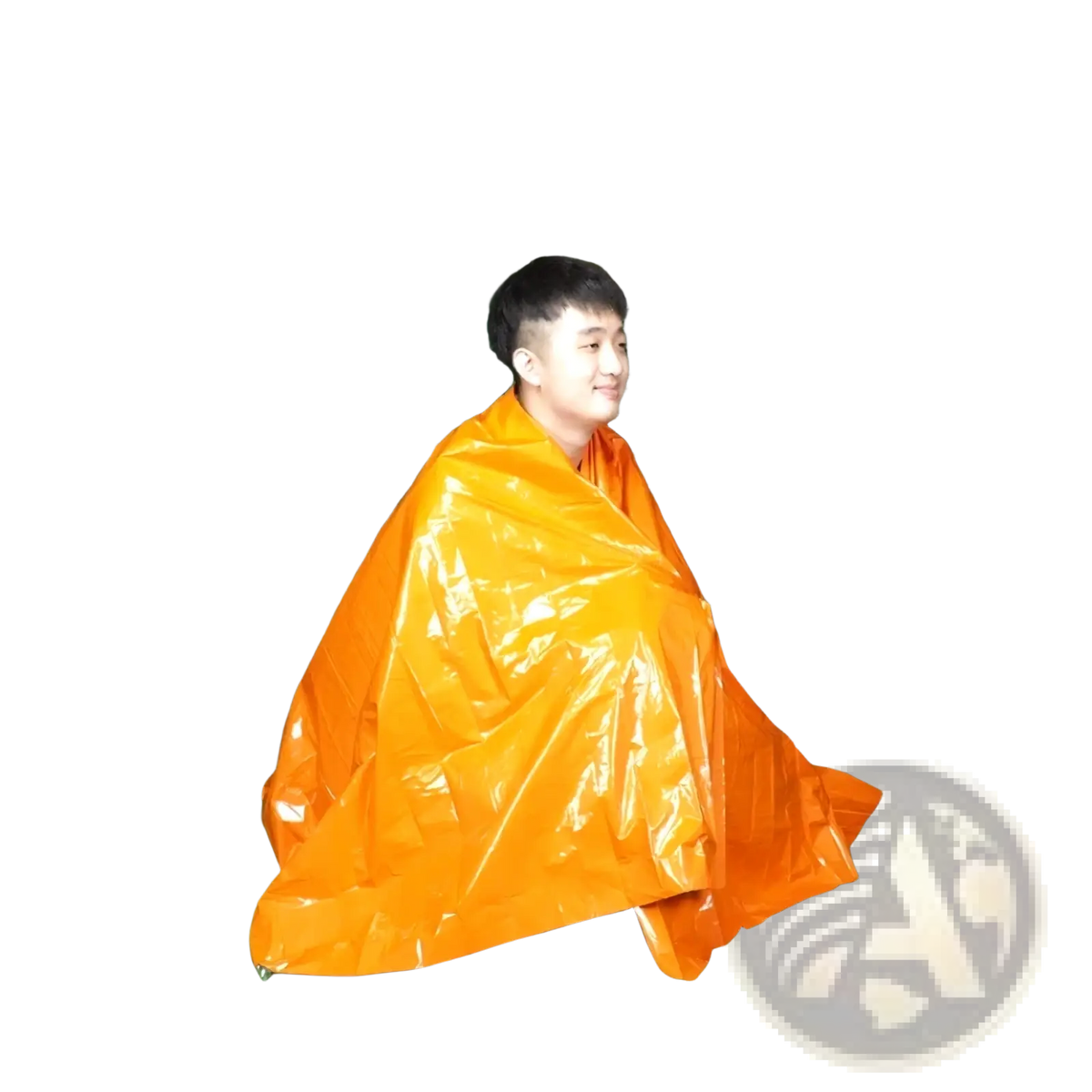 Bright orange glossy plastic rain poncho designed as emergency thermal blanket for survival gear use