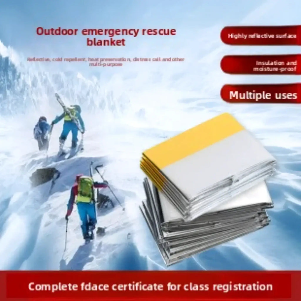 Emergency thermal blanket with yellow and silver reflective material for outdoor survival and rescue use