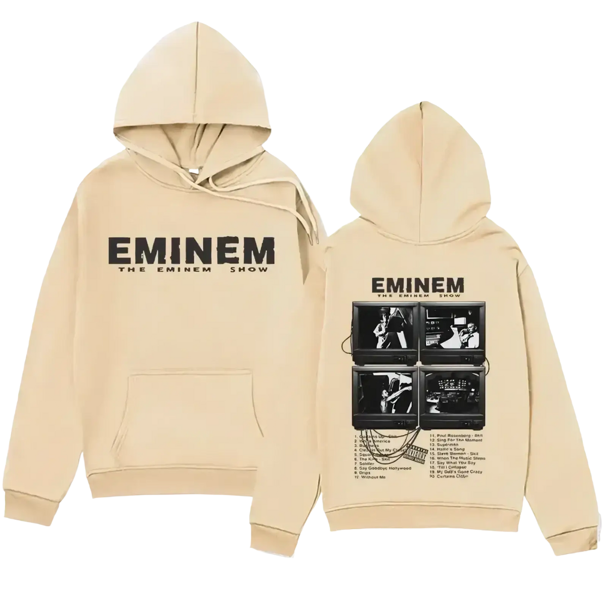 Beige graphic hoodie with eminem the eminem show back print featuring four black-and-white tv screens and tracklist