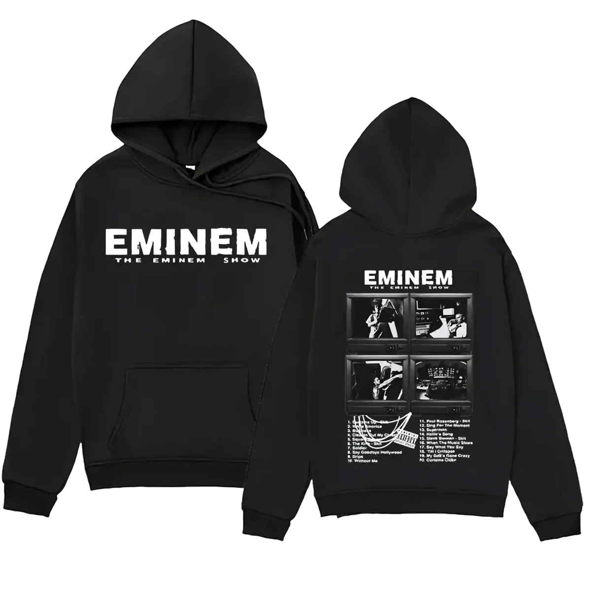 Black cotton hoodie with white eminem the eminem show text and four-panel tracklist graphic on the back side