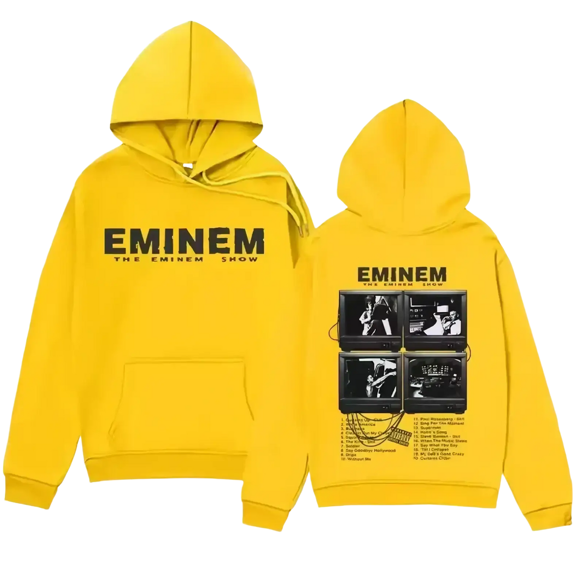 Bright yellow eminem the eminem show graphic hoodie back featuring black text and four vintage television screens design