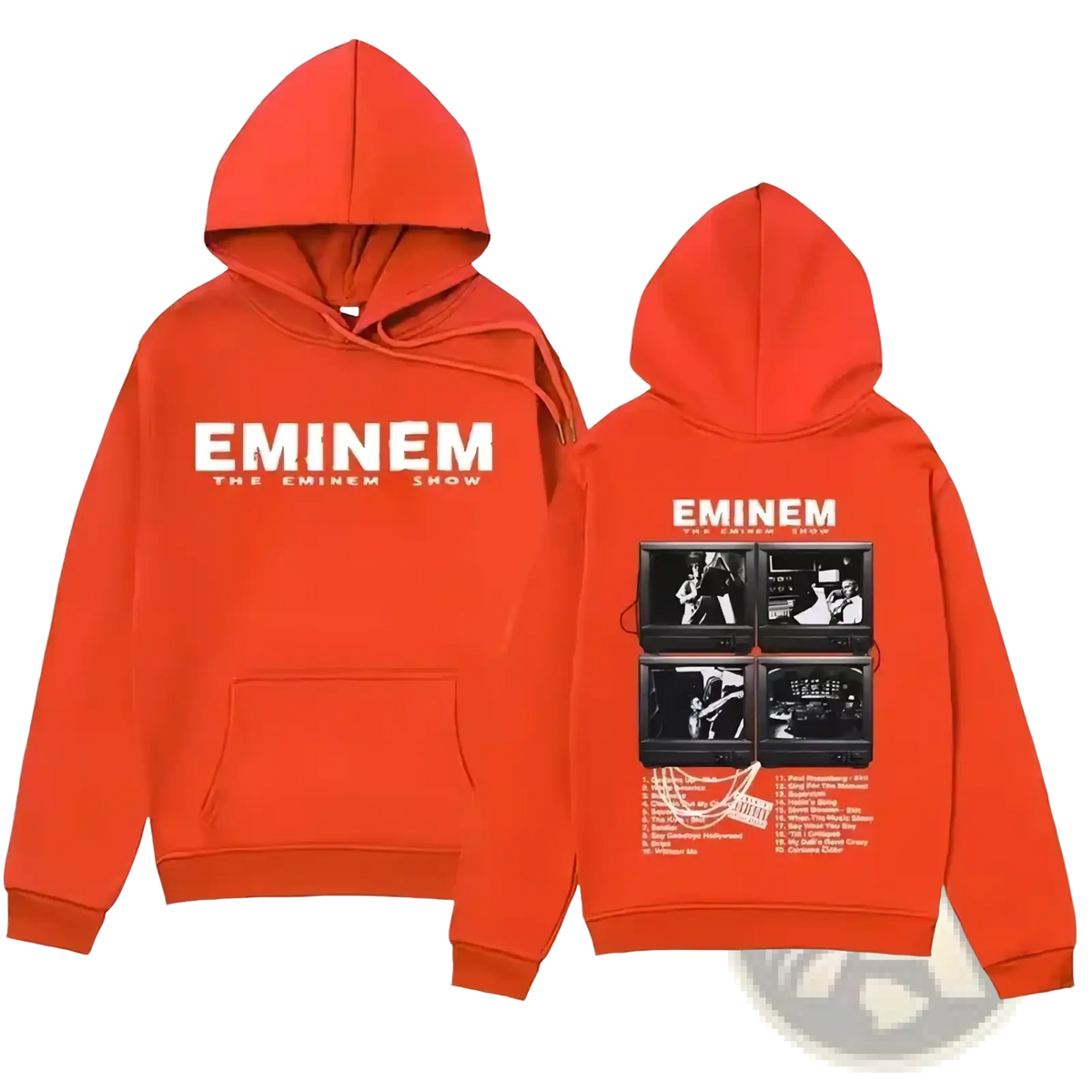 Vibrant orange cotton hoodie with eminem the eminem show graphic and four black and white tv screens on the back side