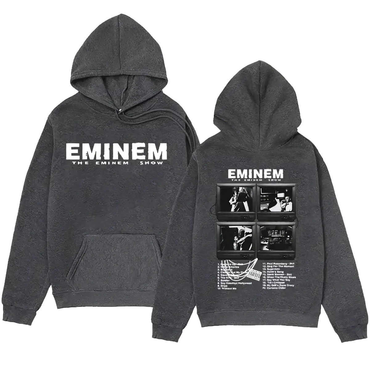Dark gray eminem the eminem show graphic hoodie with white front text and black and white back graphic of four tv screens