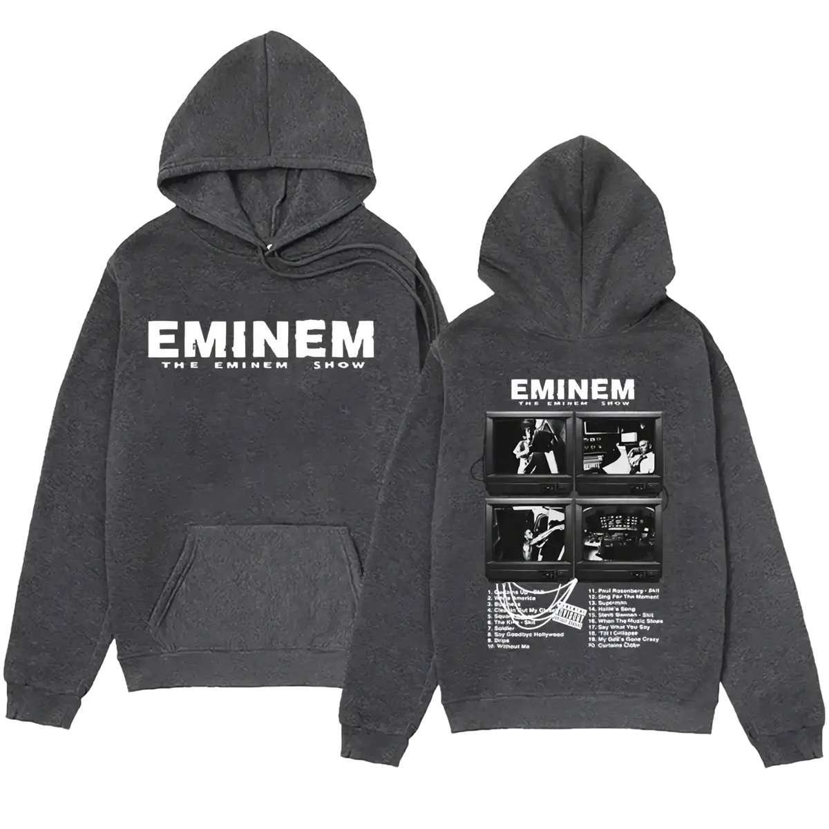 Dark gray graphic hoodie featuring eminem the eminem show branding with front chest graphic and back black and white sleeve style photos
