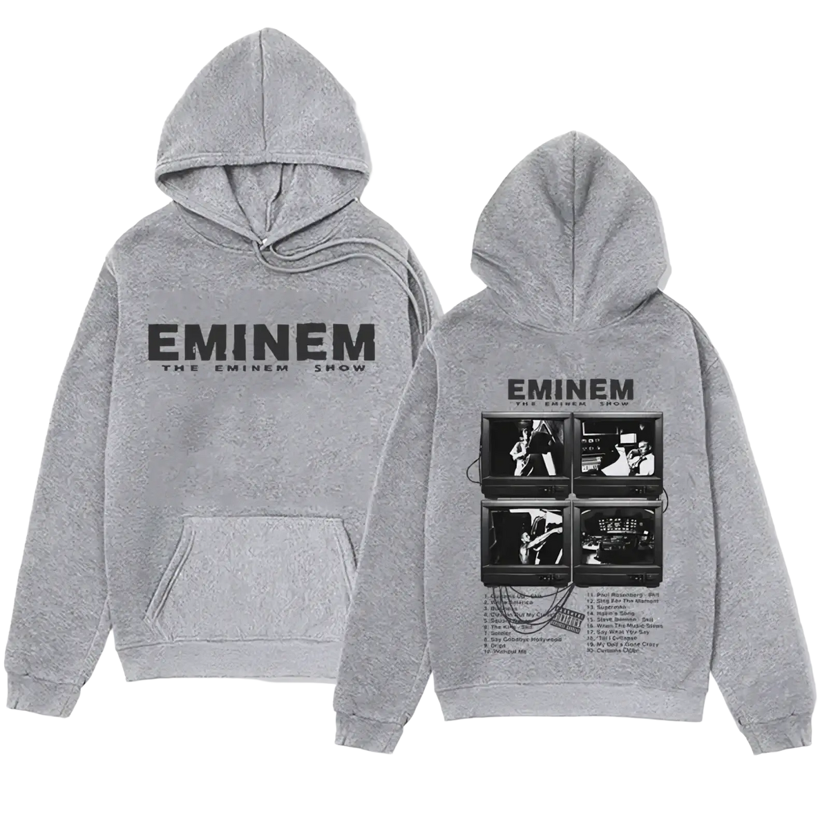 Back side of gray eminem the eminem show graphic hoodie featuring black text and four screen tv graphic