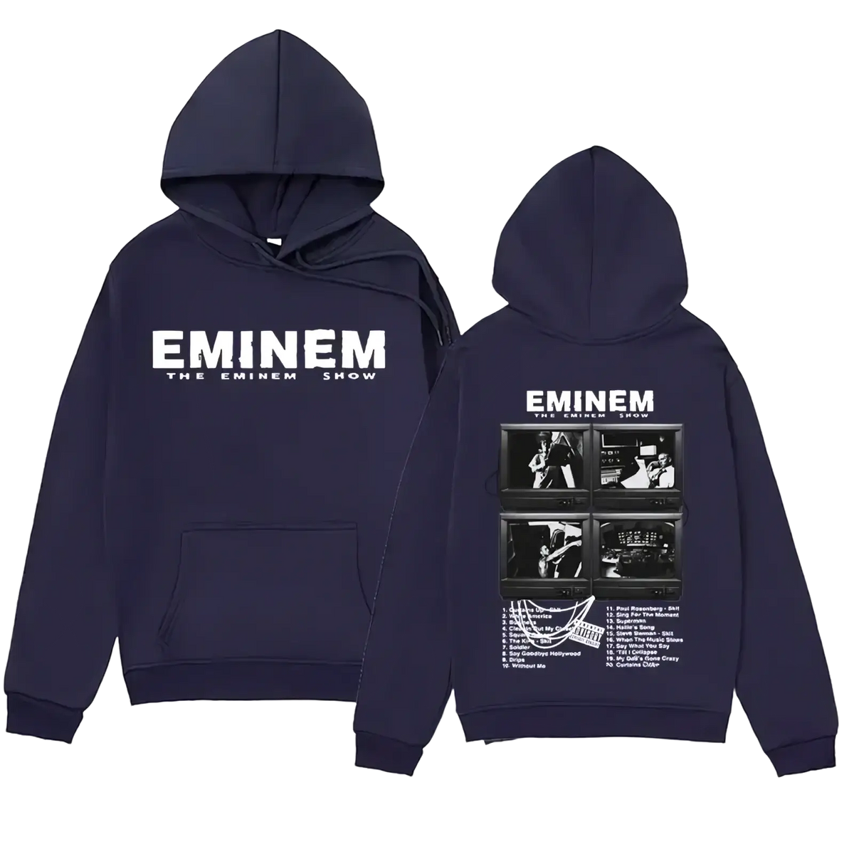 Navy blue eminem the eminem show graphic hoodie showing the back with white text and four-panel tracklist design