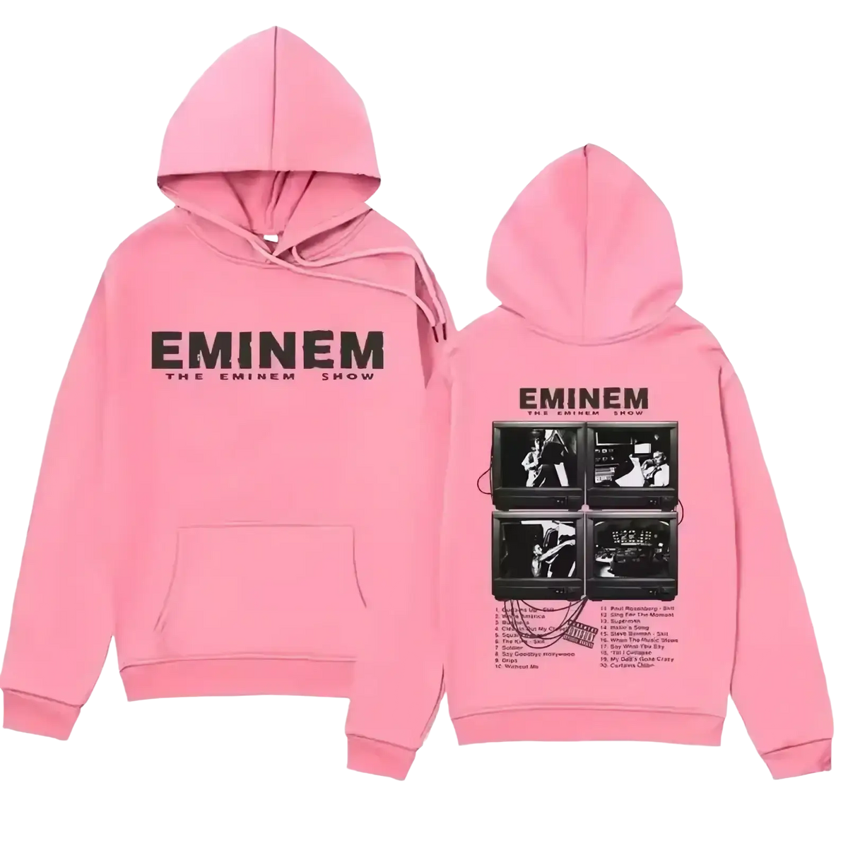 Pink graphic hoodie featuring eminem the eminem show text and four vintage TV screens concert footage sleeve style white eminem