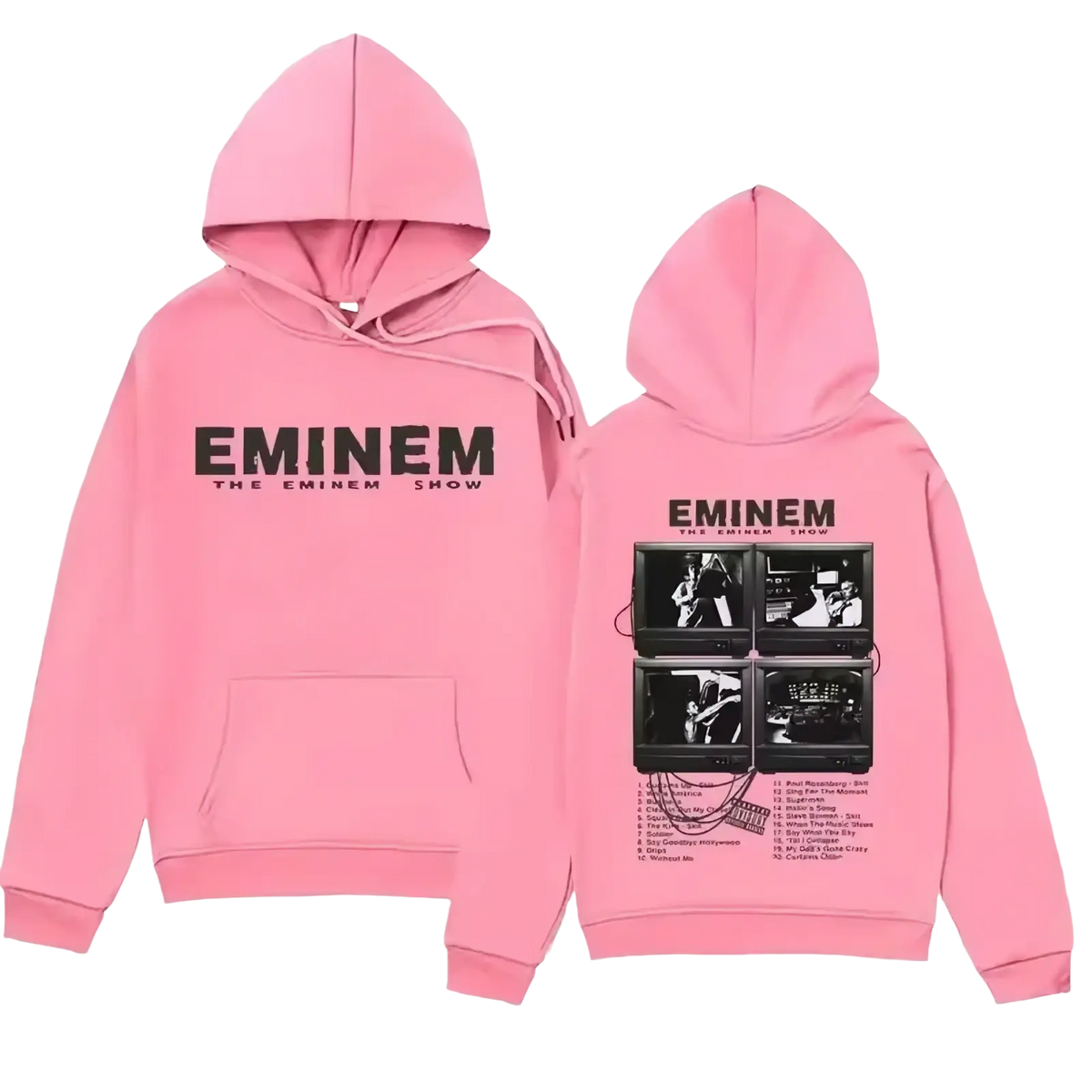 Back of pink Eminem the Eminem Show graphic hoodie with black text and four vintage TV screen designs