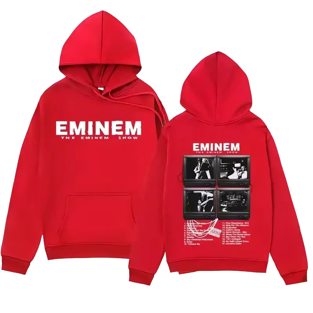 Red eminem the eminem show graphic hoodie with white eminem text front and black and white tv screen graphic back sleeve style