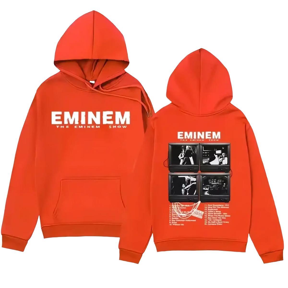 Vibrant orange cotton hoodie with eminem the eminem show graphic and four black and white tv screens on the back side