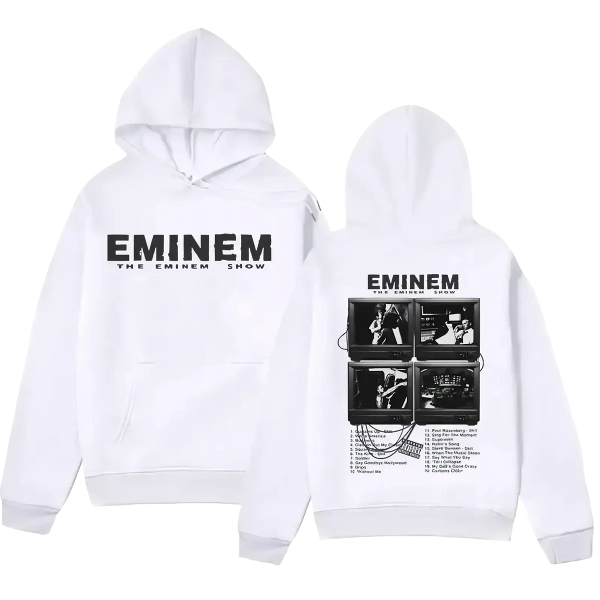 White eminem graphic hoodie with black text and four vintage tv screens from the eminem show album sleeve style