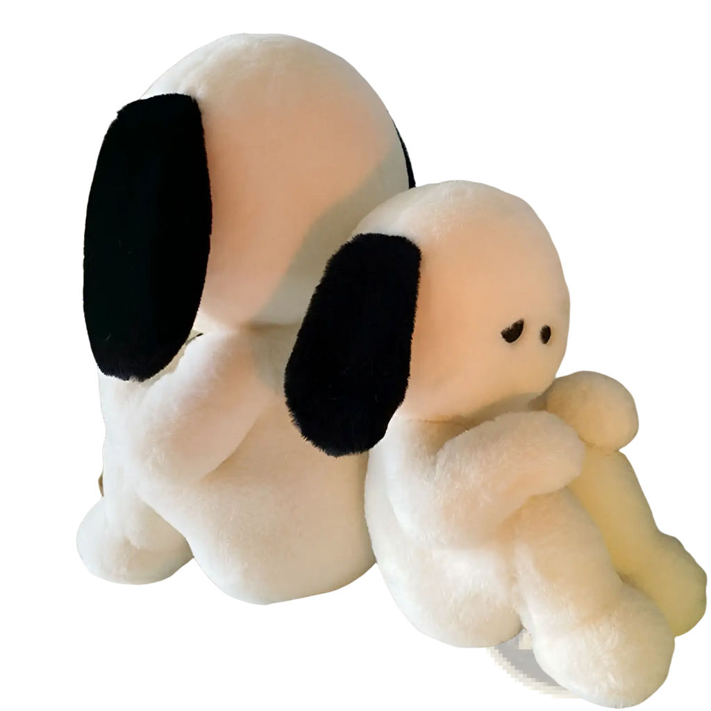 Soft white and black plush emo puppy floppy ear stuffed toys with fluffy textures in two sizes