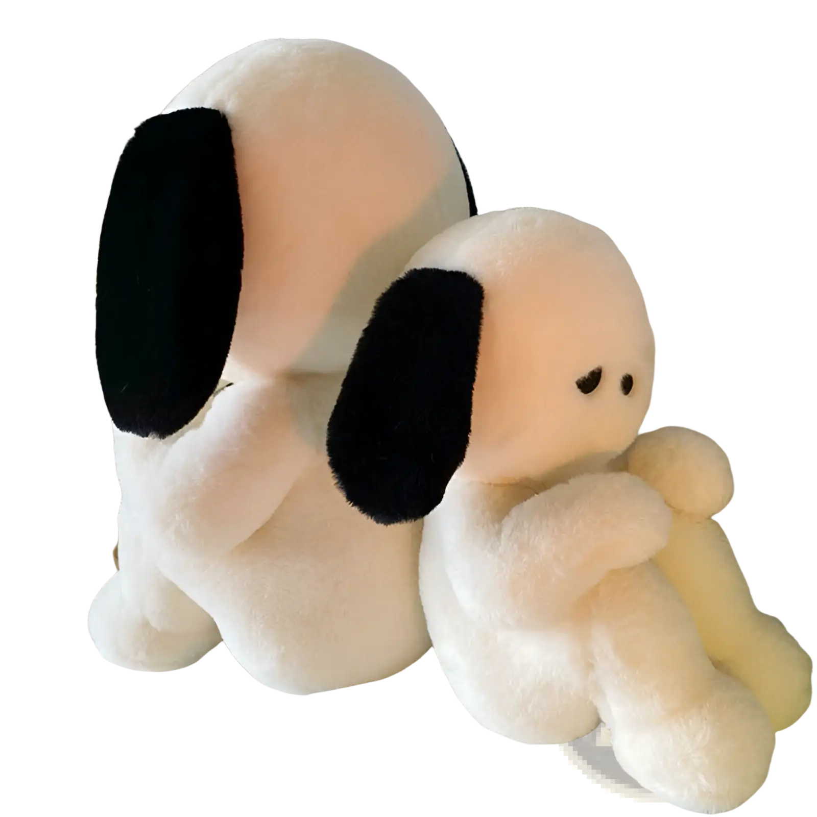 Soft white and black plush emo puppy floppy ear stuffed toys with fluffy textures in two sizes