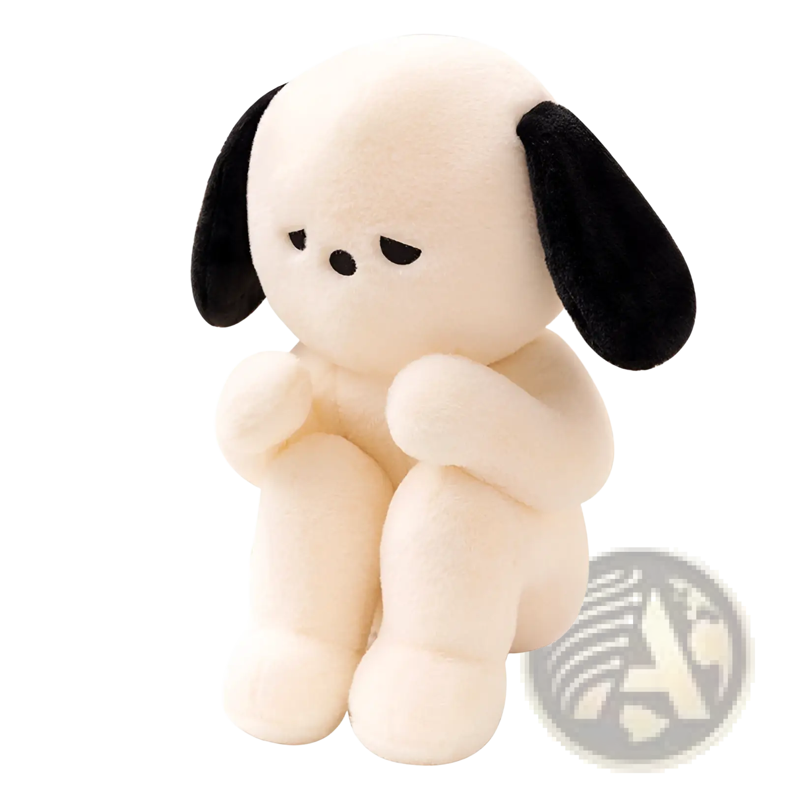 Emo Puppy plush dog cream color with black floppy ears soft stuffed toy in a cuddly sitting pose
