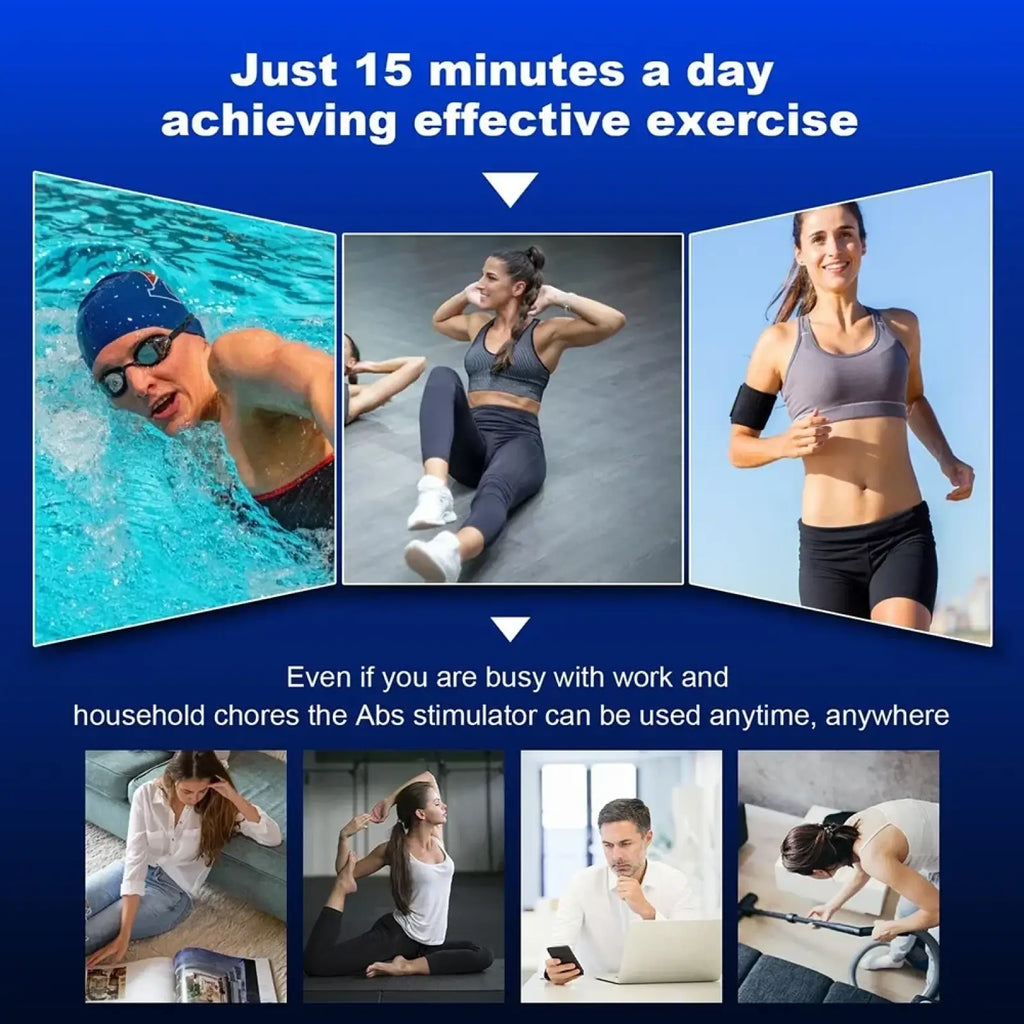 Ems abdominal muscle stimulator training belt is a compact portable black device for convenient daily muscle toning