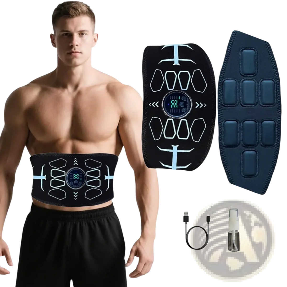 Ems abdominal muscle stimulator training belt in black with blue led display and white geometric patterns