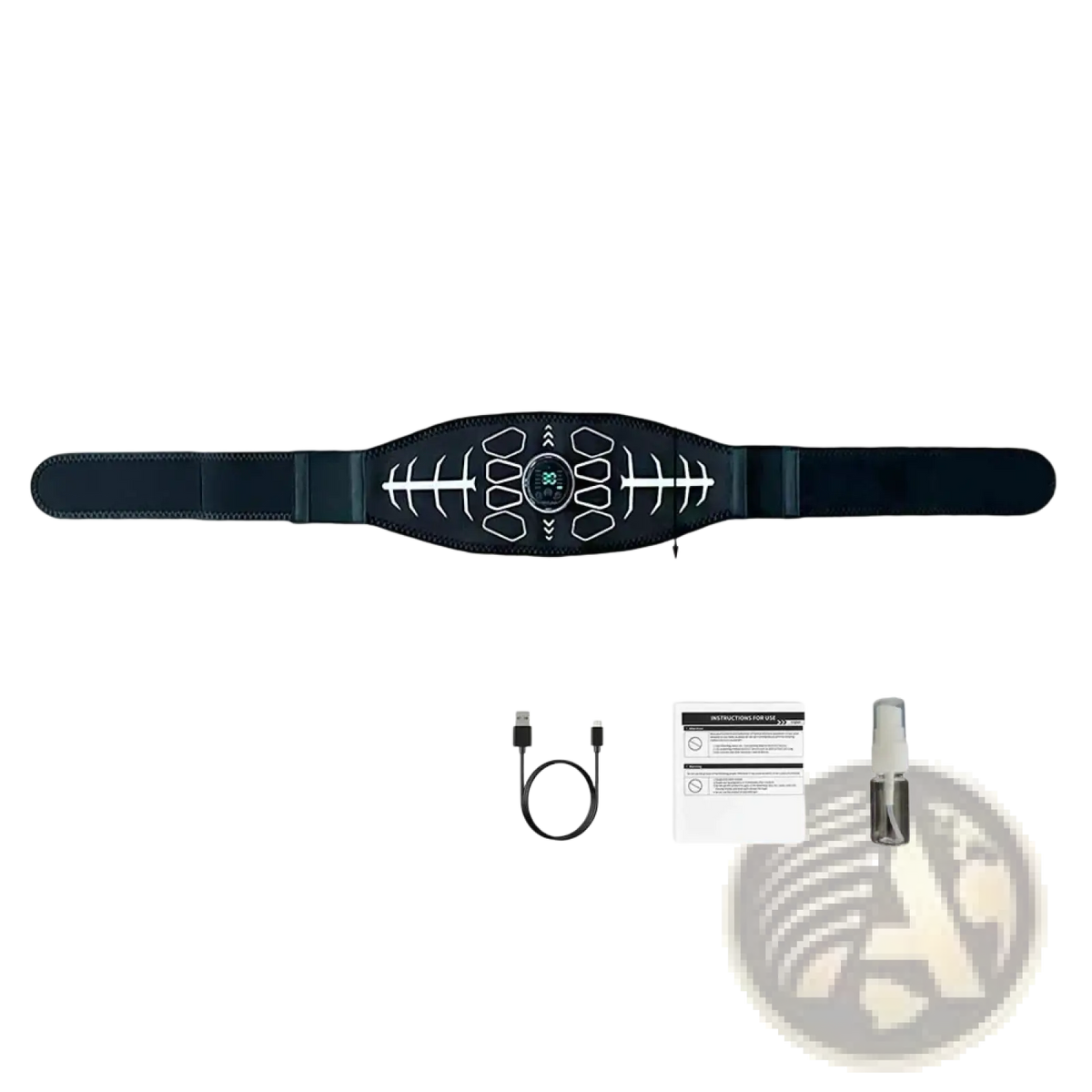 Black adjustable ems abdominal muscle stimulator training belt with white skeletal pattern and central control panel