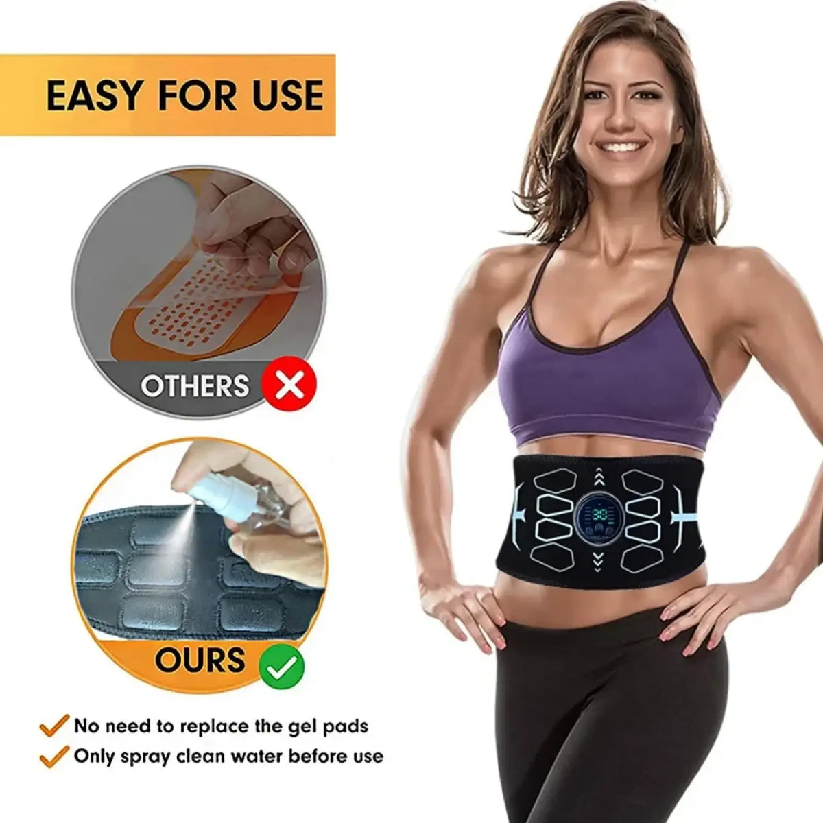 Black electronic waist trainer with blue illuminated digital display and geometric design for abdominal muscle stimulation