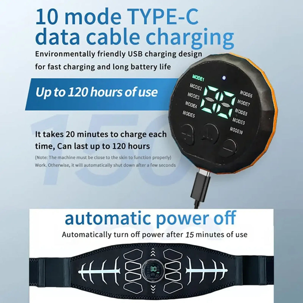 Black and orange circular usb charging device with digital display connected to black belt ems abdominal muscle stimulator
