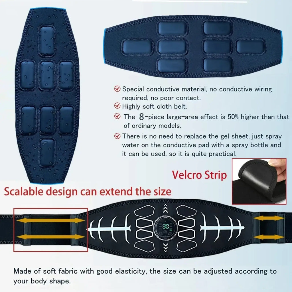 Dark blue EMS abdominal muscle stimulator training belt with 8-piece adjustable back support and conductive pads