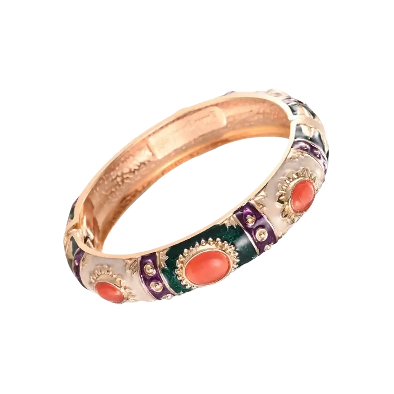 Gold-toned zinc alloy enamel bracelet with coral stones and purple green enamel patterns in hand bracelets design