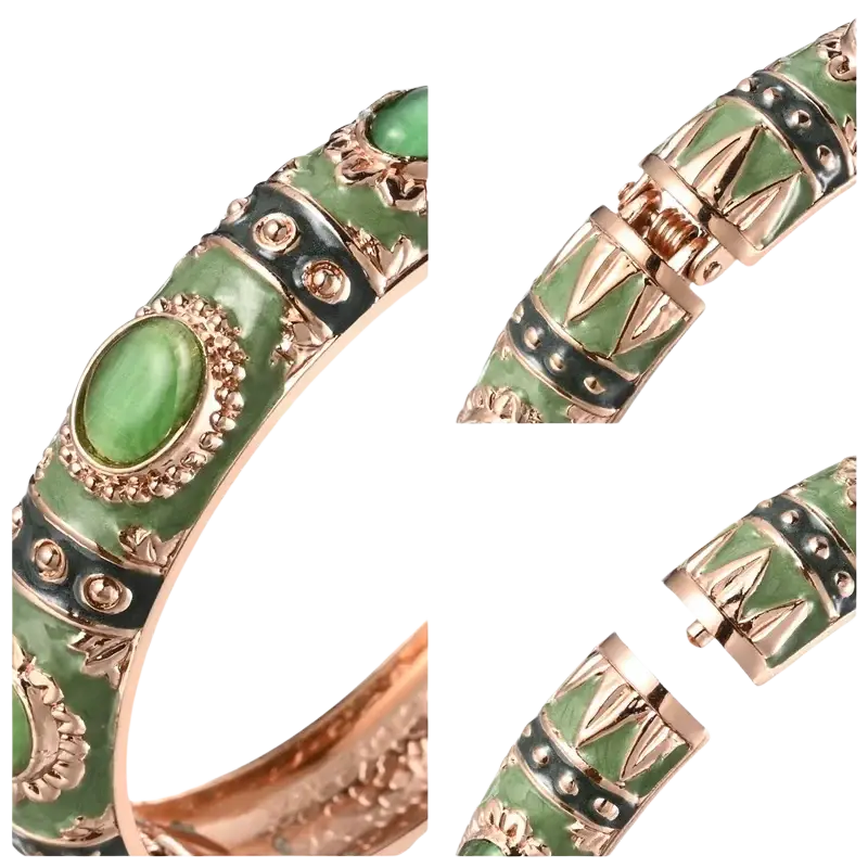 A green and rose gold enamel bracelet made of zinc alloy with oval cabochon stone and floral detailing hand bracelets
