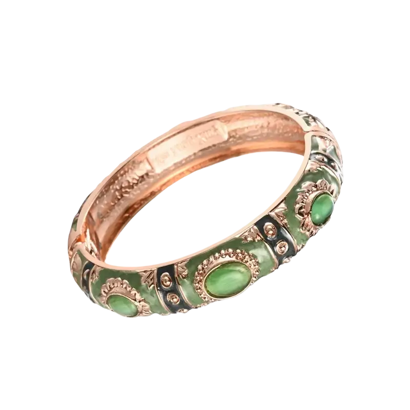 Rose gold enamel bracelet with green enamel and oval jade-like stones in zinc alloy ornate metalwork hand bracelet