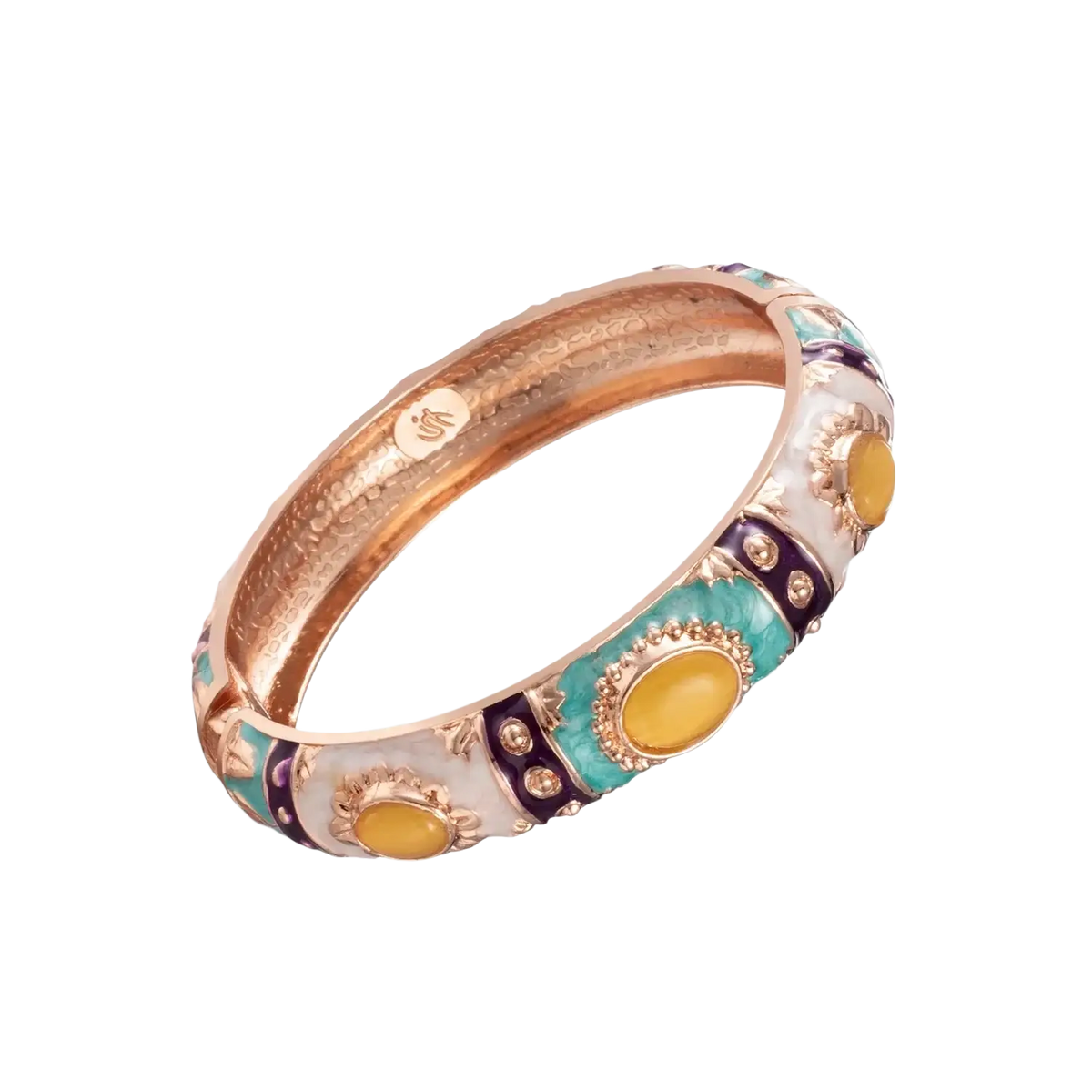 Rose gold enamel bracelet made of zinc alloy with turquoise and yellow floral motifs and small gemstones hand bracelet