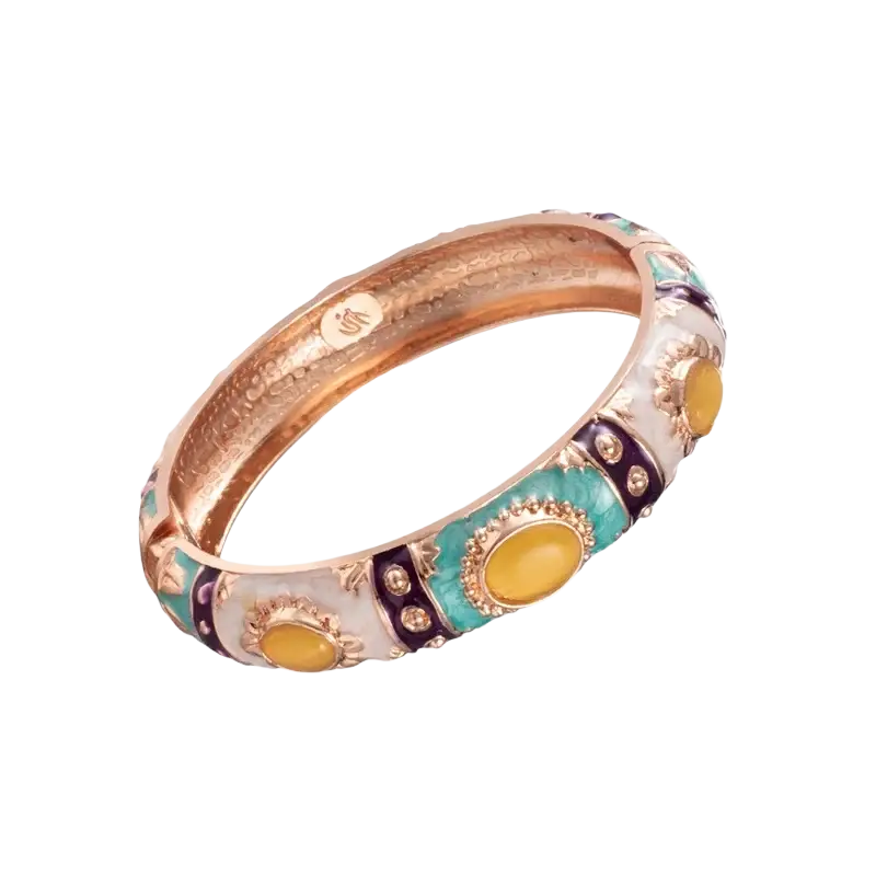 Rose gold enamel bracelet zinc alloy hand bracelets featuring turquoise enamel purple accents and yellow stones in floral design
