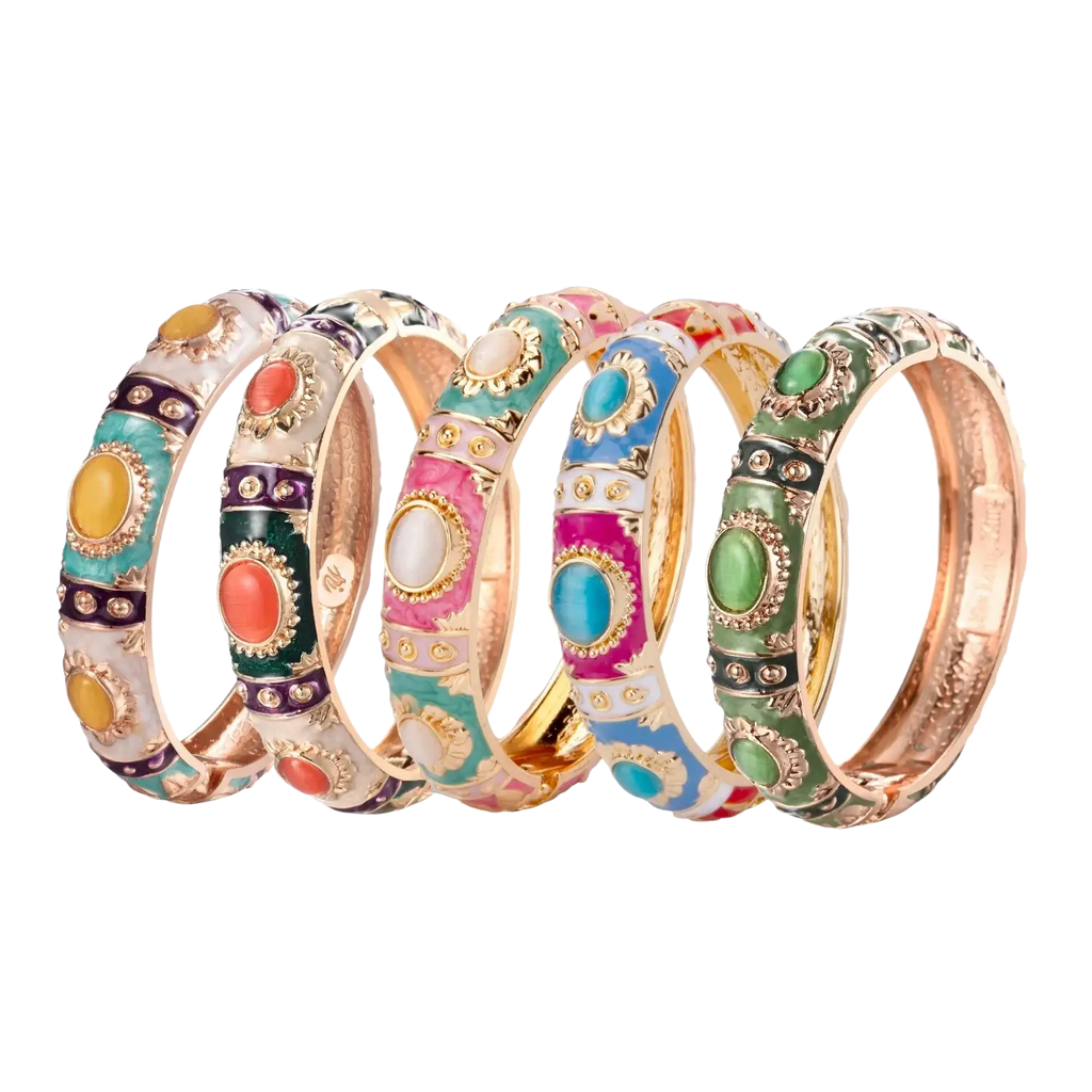 A set of six colorful enamel bracelets with gold-tone zinc alloy accents and gemstone details for hand bracelets