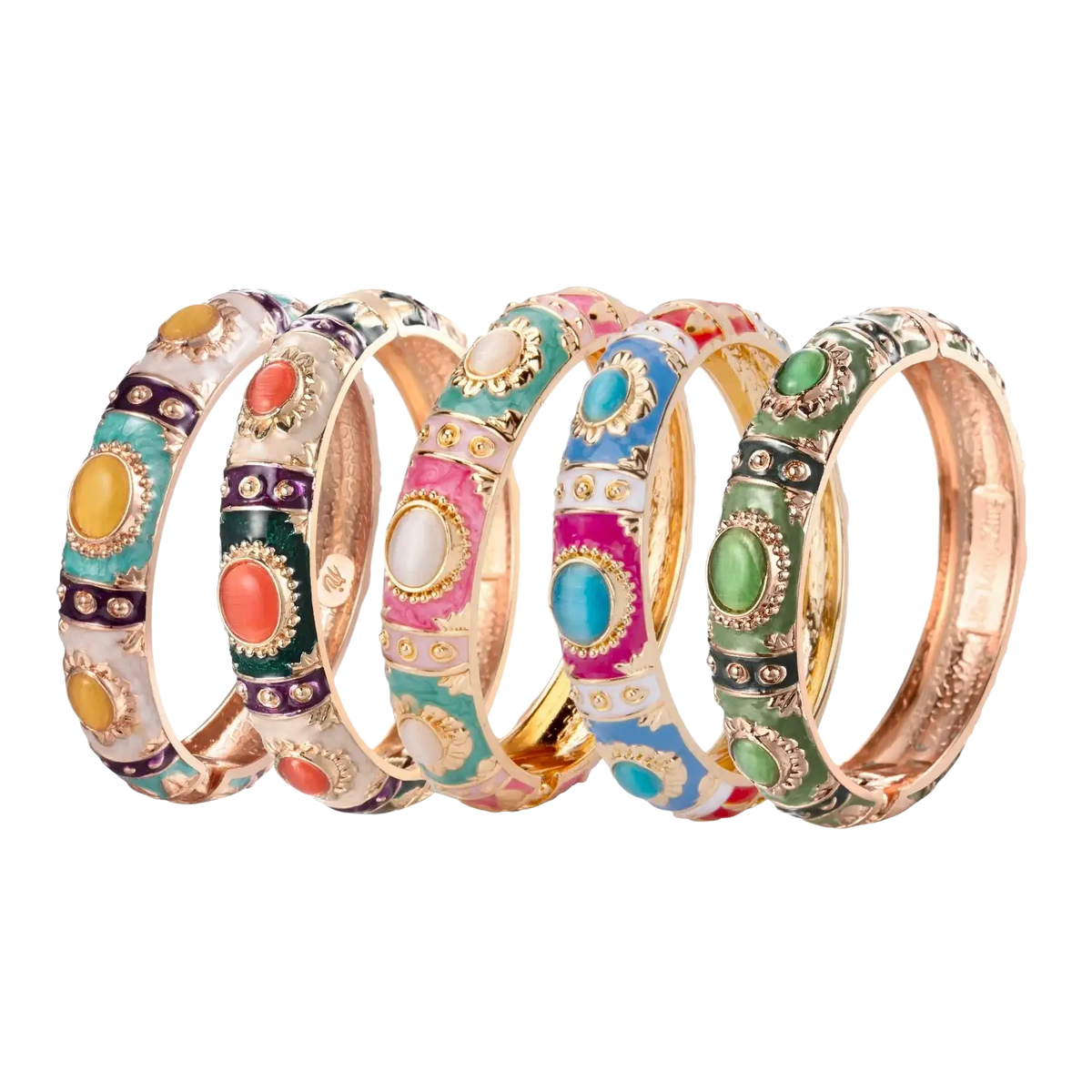 A set of six colorful enamel bracelets with gold-tone zinc alloy accents and gemstone details for hand bracelets