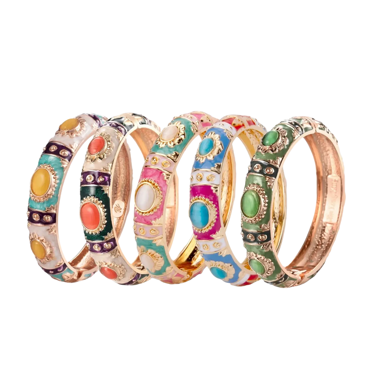 A set of six colorful enamel bracelets with zinc alloy gold-tone accents and embedded gemstones for hand bracelets