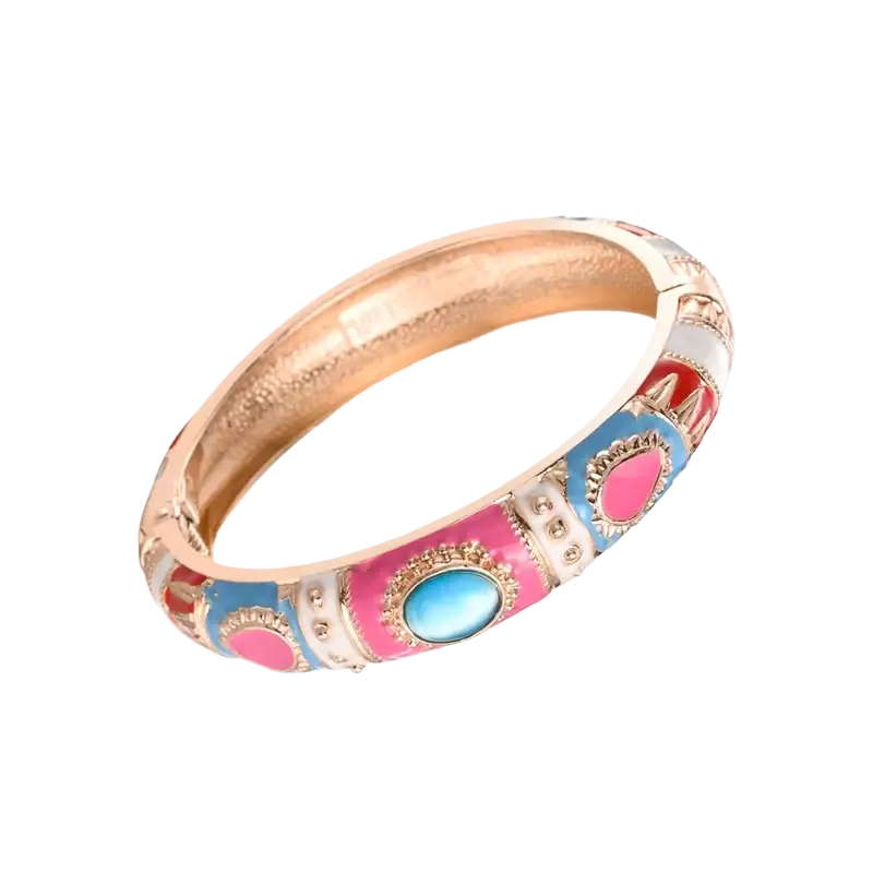 A vibrant enamel bracelet with zinc alloy rose gold tone and turquoise coral stones in ornate hand bracelets design