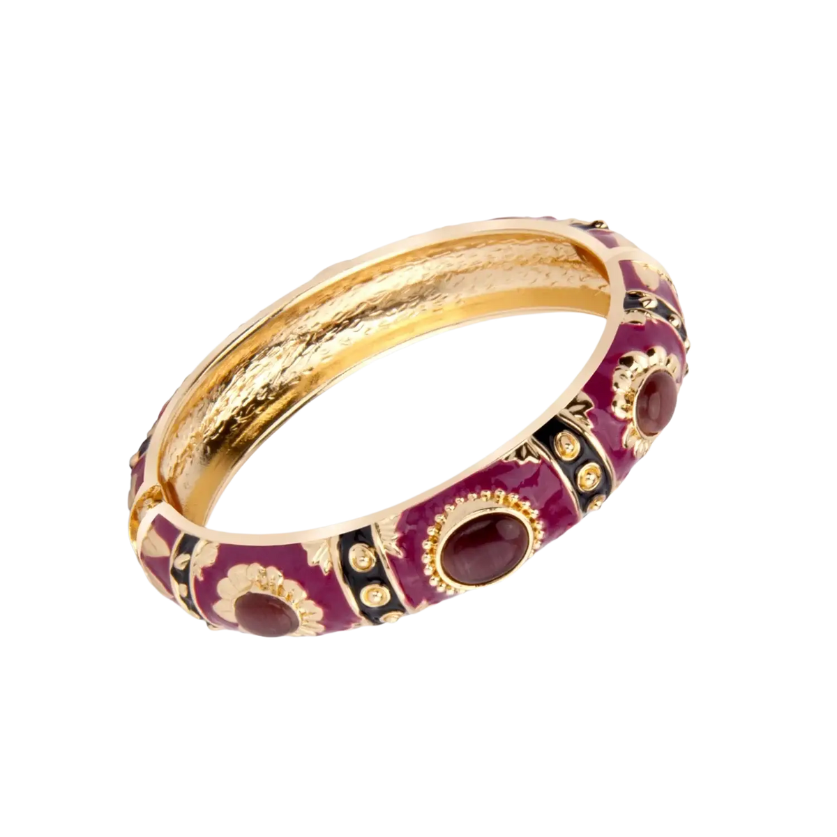 A vibrant burgundy enamel bracelet with gold-toned floral motifs and black accents made of zinc alloy hand bracelets