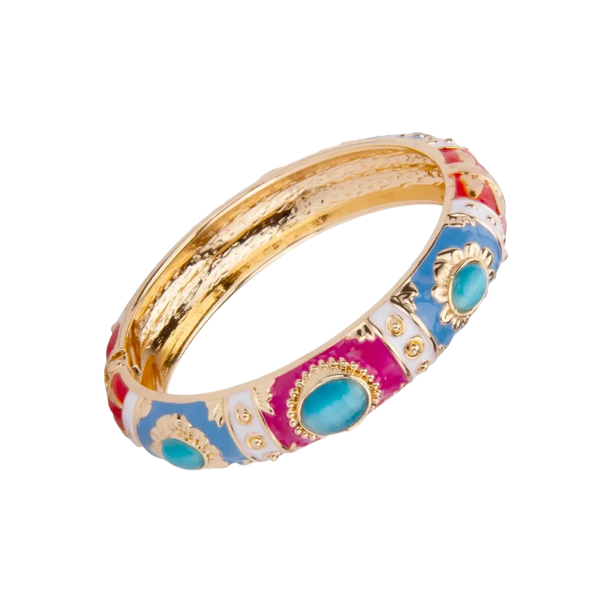 A vibrant gold-toned enamel bracelet with turquoise floral motifs in zinc alloy hand bracelets design