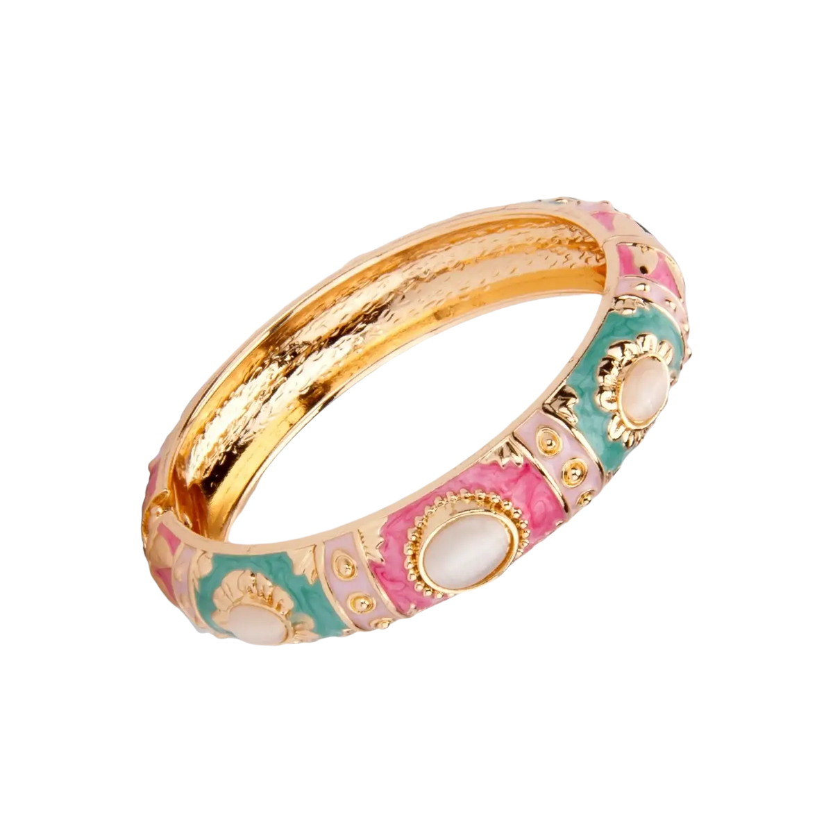 A vibrant pink and teal enamel bracelet with gold-tone zinc alloy accents and floral pearl-like stones hand bracelet