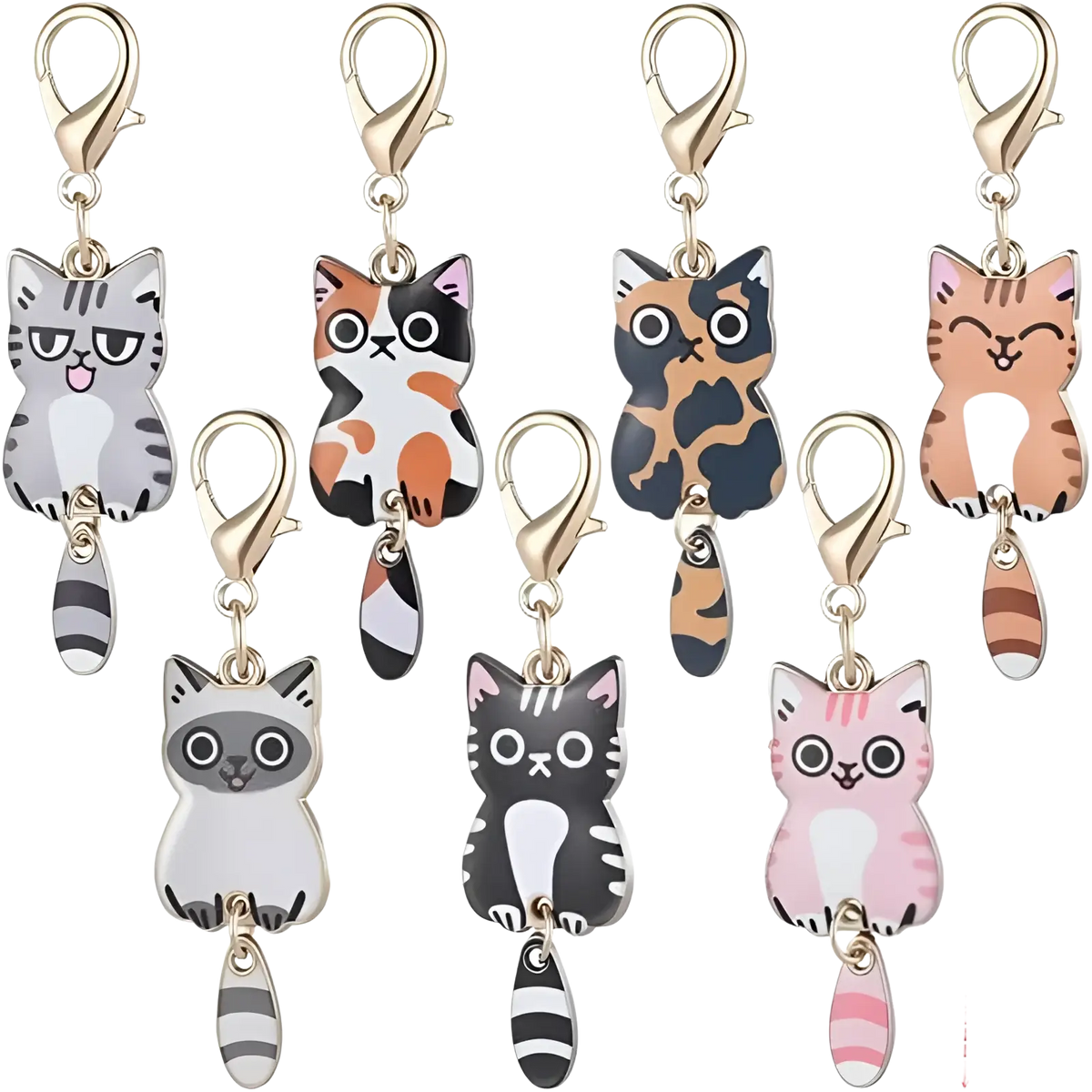 Set of seven colorful enamel cat keychains with gold-toned clasps and striped tails for cute charm accessories