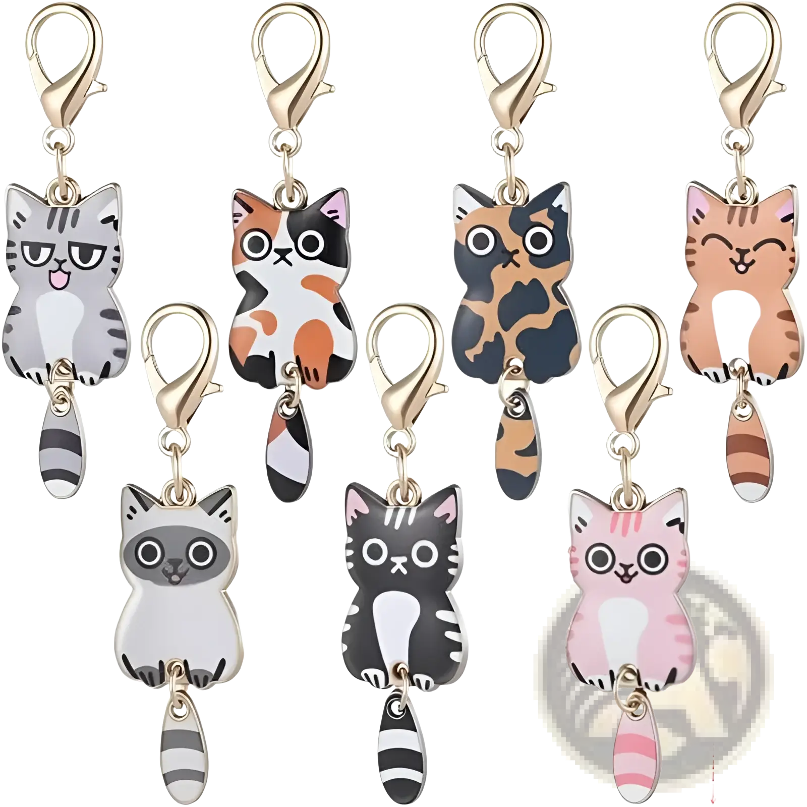 Set of seven colorful enamel cat keychains with gold-toned clasps and striped tails for cute charm accessories