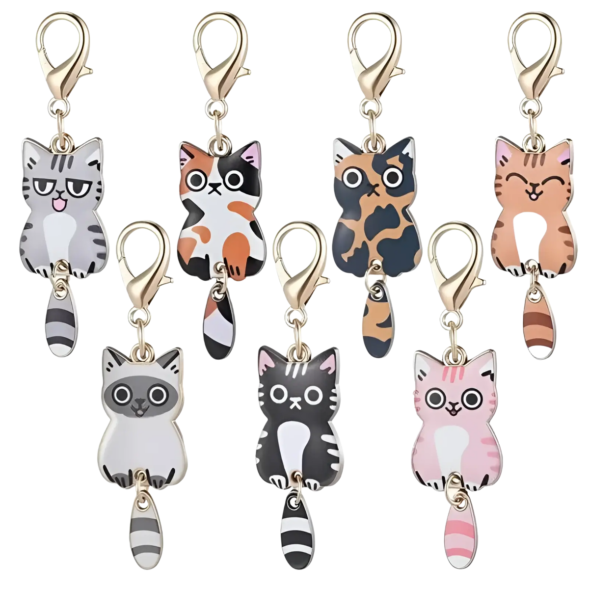 Enamel cat keychain with cute enamel cat-shaped zipper pulls in assorted colors and gold-toned clasps